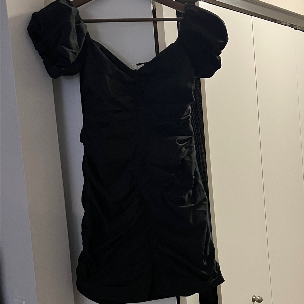 Astr Black Ruched Puff Sleeve Mini Dress